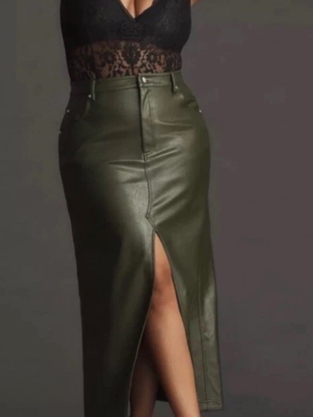 Pilcro Olive Green Faux Leather Midi Skirt with Front Vent